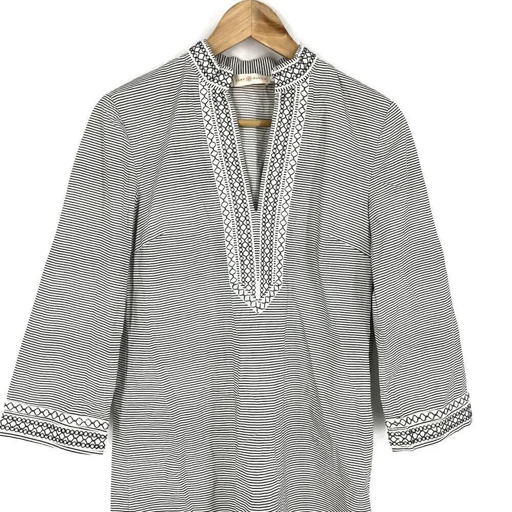 Tory Burch Tunic Dress Size 4 Women Blue White Embroidered Striped V Neck Kaftan